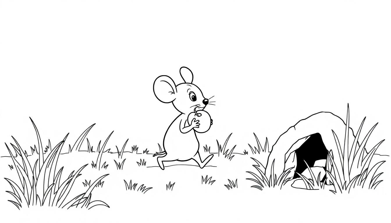 Kleurplaat van een muis met een appel die een grot nadert.