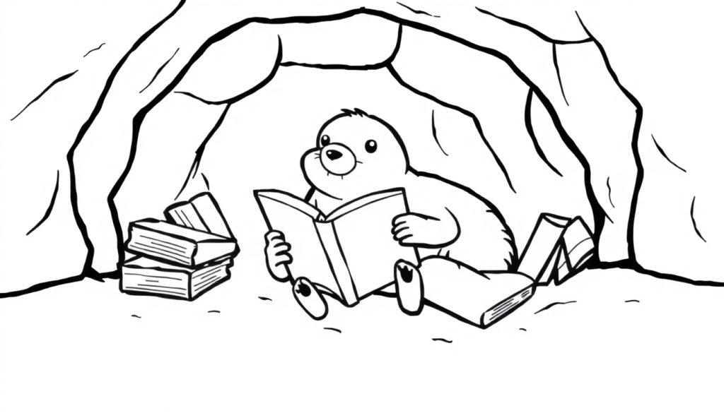 Kleurplaat van een mol die in zijn hol een boek leest.