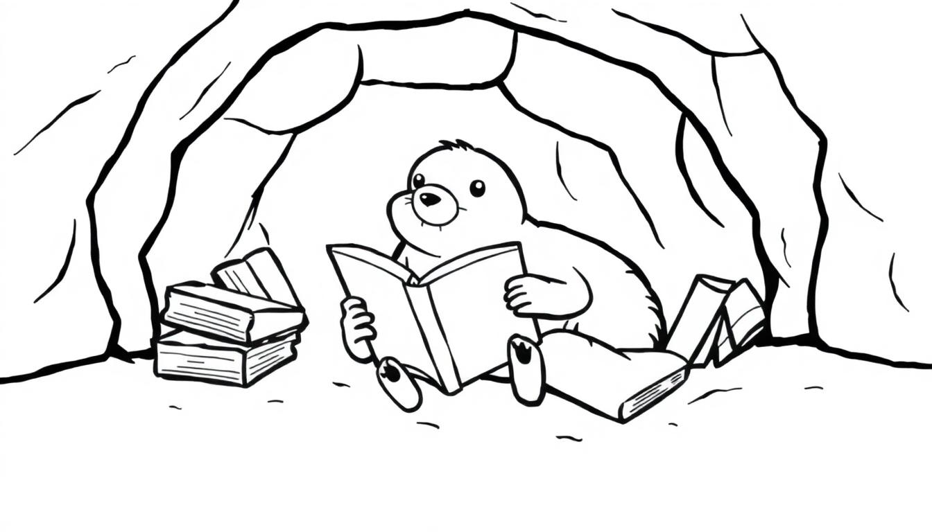 Kleurplaat van een mol die in zijn hol een boek leest.