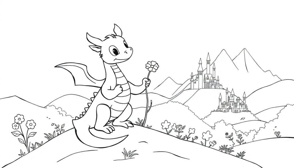 Een schattige draak in een magisch paradijs, omringd door bloemen en een kasteel in de verte, perfect voor een kleurplaat.