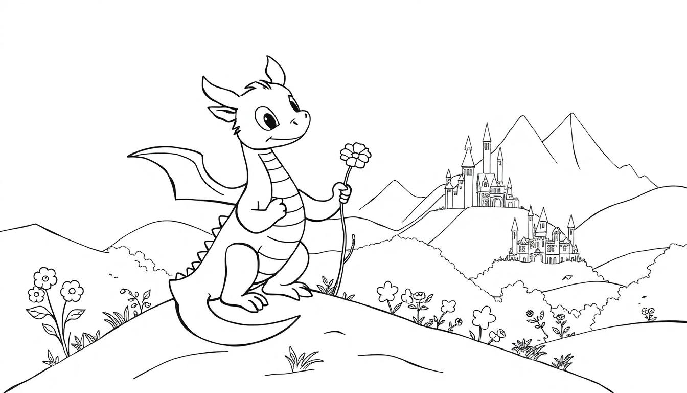 Een schattige draak in een magisch paradijs, omringd door bloemen en een kasteel in de verte, perfect voor een kleurplaat.