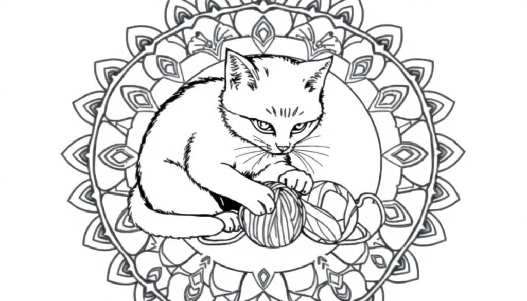 Mandala kleurplaat van een kat die met een bolletje wol speelt.