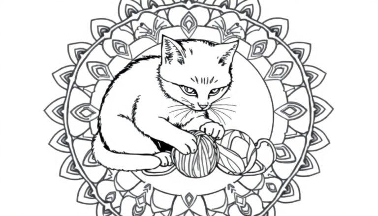 Mandala kleurplaat van een kat die met een bolletje wol speelt.
