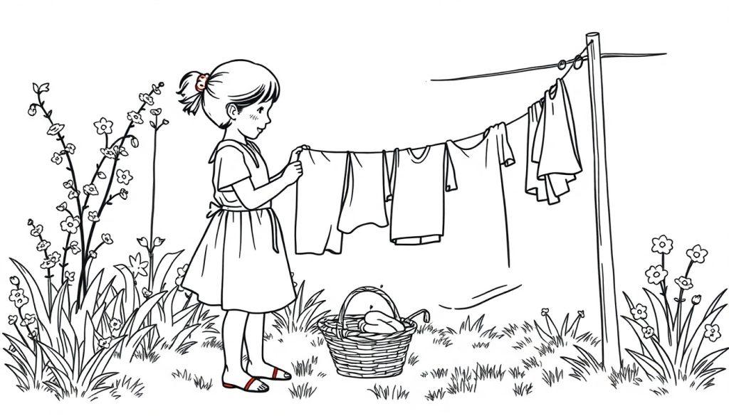 Kleurplaat van een meisje dat buiten de was ophangt in de tuin.
