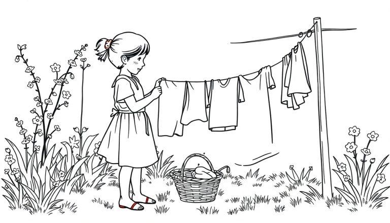 Kleurplaat van een meisje dat buiten de was ophangt in de tuin.
