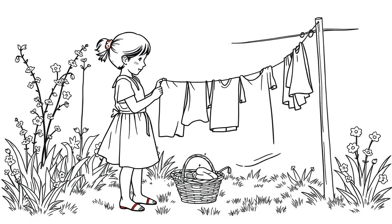 Kleurplaat van een meisje dat buiten de was ophangt in de tuin.