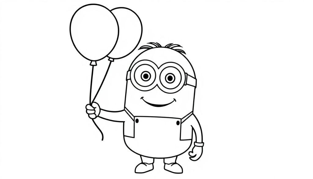 Kleurplaat van een minion die drie ballonnen vasthoudt.