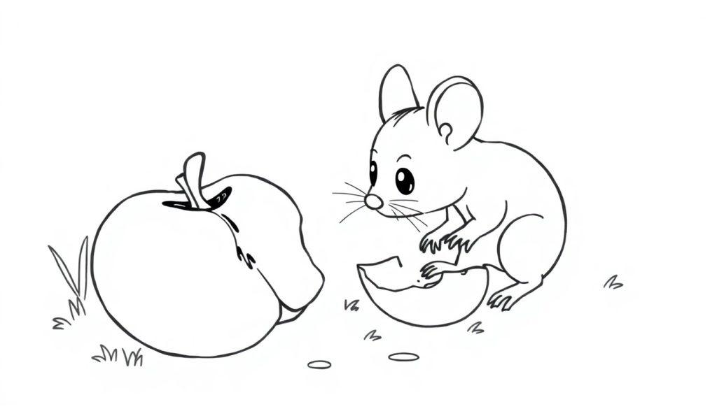 Een kleurplaat van een muis die eet van een appel.