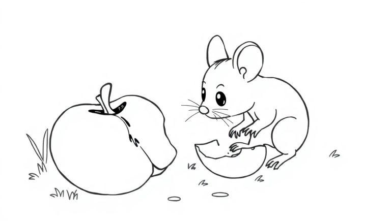 Een kleurplaat van een muis die eet van een appel.