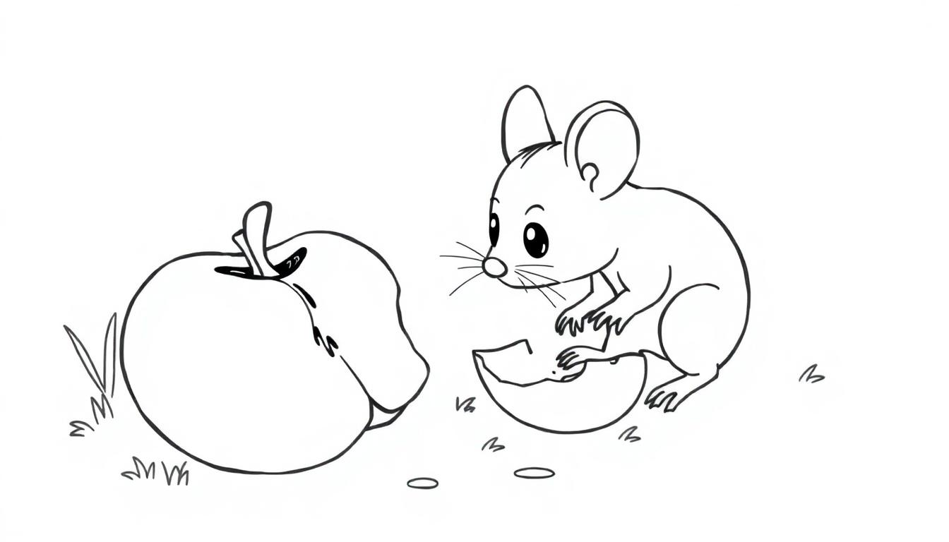 Een kleurplaat van een muis die eet van een appel.