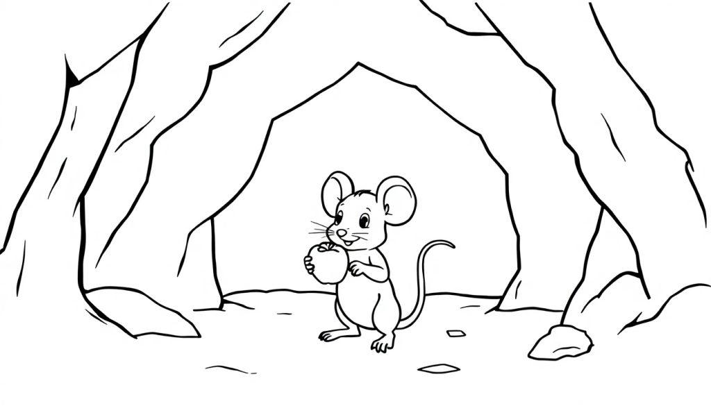 Kleurplaat van een muis met een appel bij een grot.