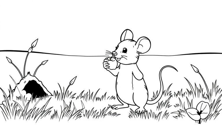 Kleurplaat van een muis met een appel bij een hol in het gras.