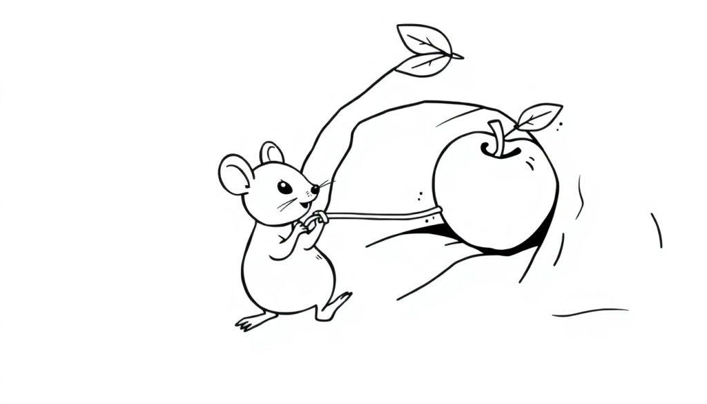 Een kleurplaat van een klein muisje dat met een touw een appel naar zijn hol trekt.