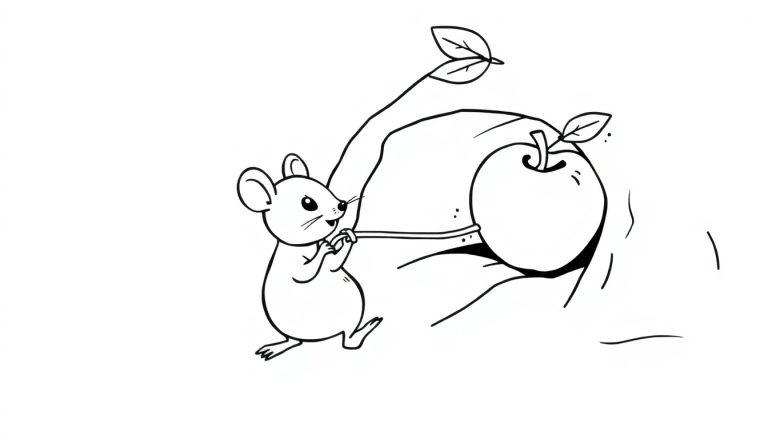 Een kleurplaat van een klein muisje dat met een touw een appel naar zijn hol trekt.