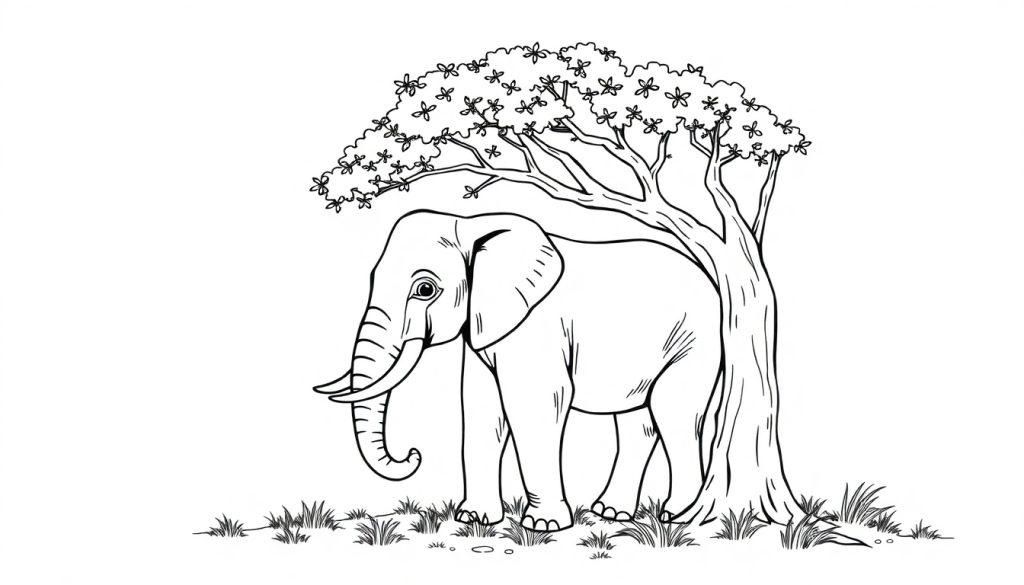 Een olifant onder een boom als kleurplaat.