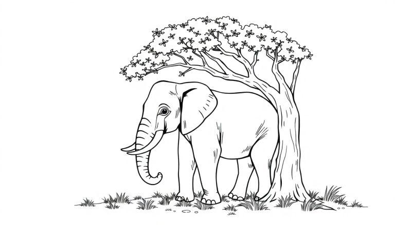 Een olifant onder een boom als kleurplaat.