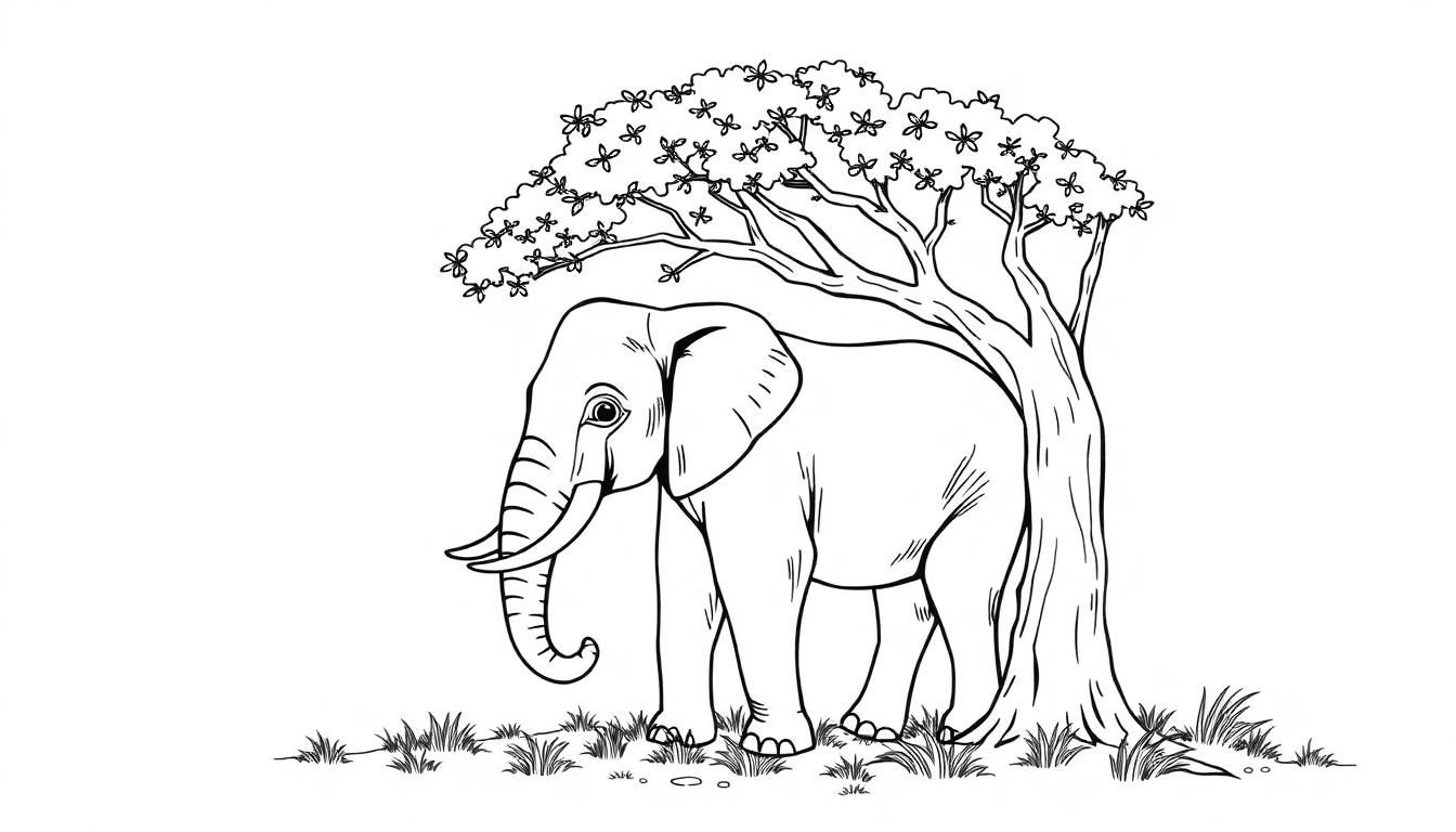 Een olifant onder een boom als kleurplaat.