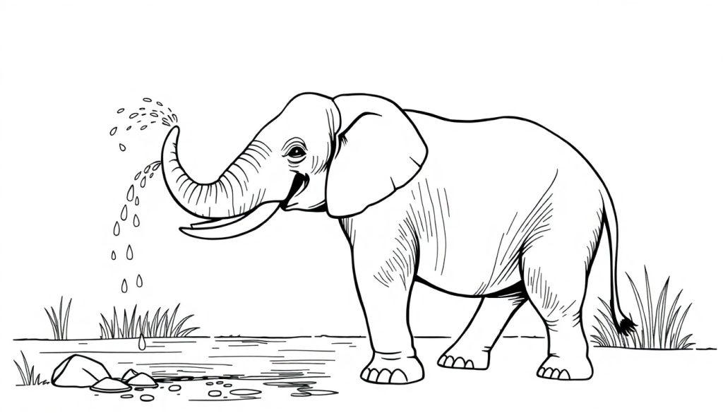 Kleurplaat van een vrolijke olifant bij een plas water