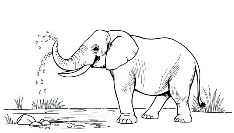 Kleurplaat van een vrolijke olifant bij een plas water