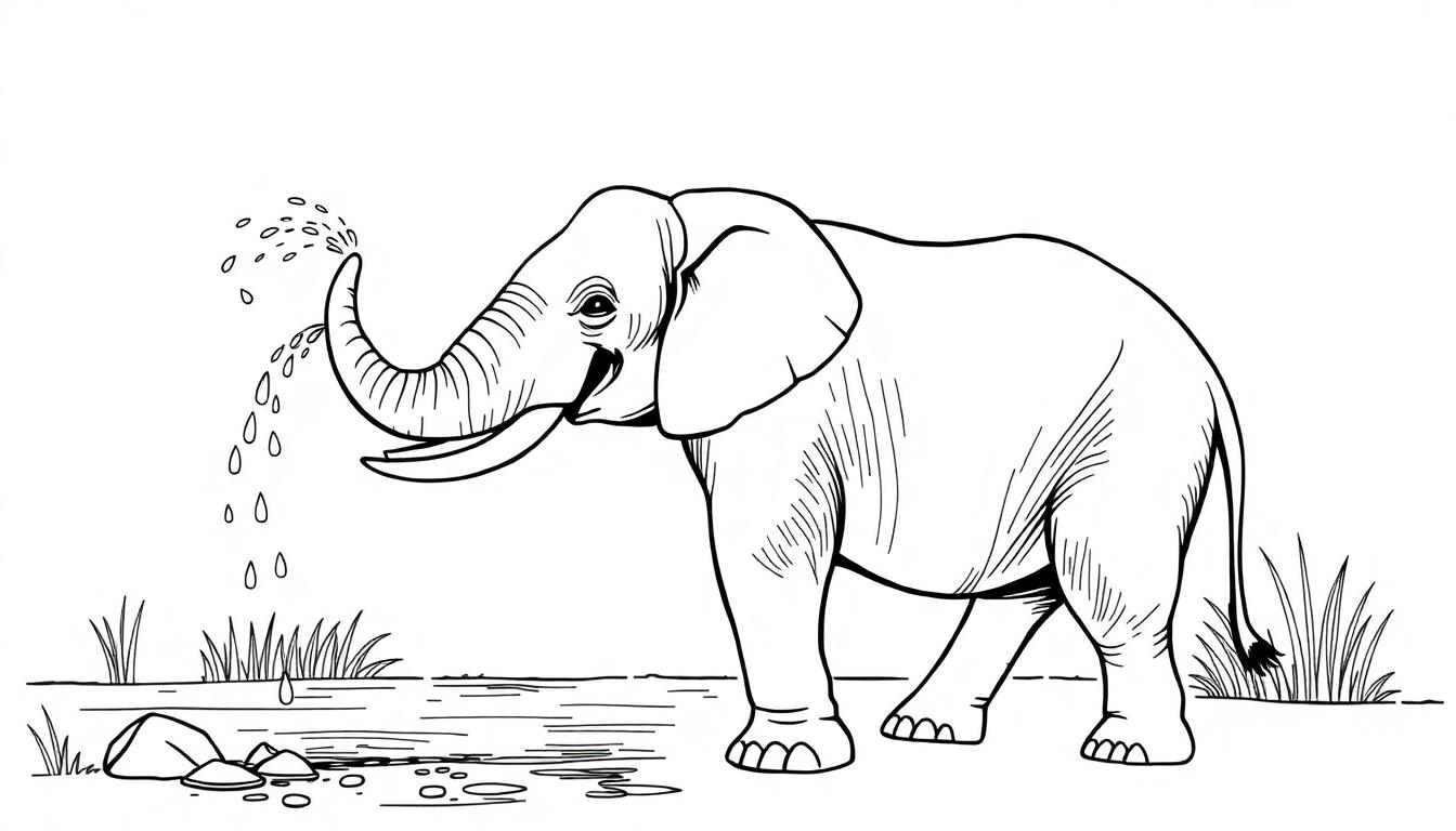 Kleurplaat van een vrolijke olifant bij een plas water