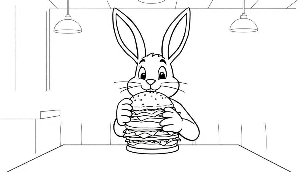 Kleurplaat van een paashaas met een grote hamburger in een restaurant.