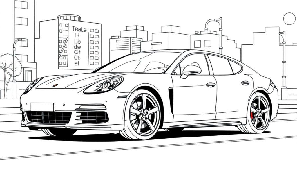 Kleurplaat van een Porsche Panamera in een stad met hoge gebouwen.