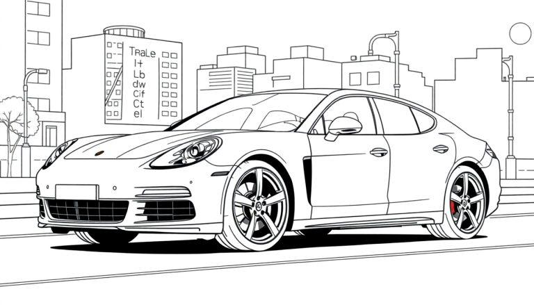 Kleurplaat van een Porsche Panamera in een stad met hoge gebouwen.