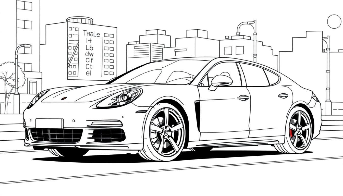 Kleurplaat van een Porsche Panamera in een stad met hoge gebouwen.