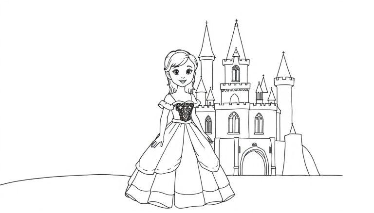 Kleurplaat van een meisje in een mooie jurk met een kasteel op de achtergrond.