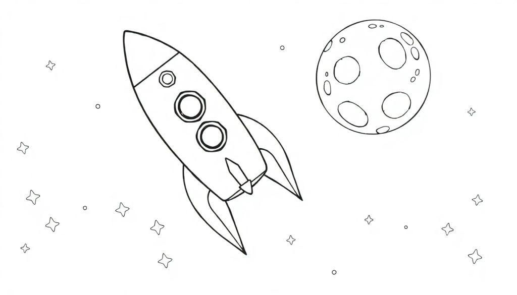Kleurplaat van een ruimteraket die in de ruimte vliegt, met sterren en een maan op de achtergrond.