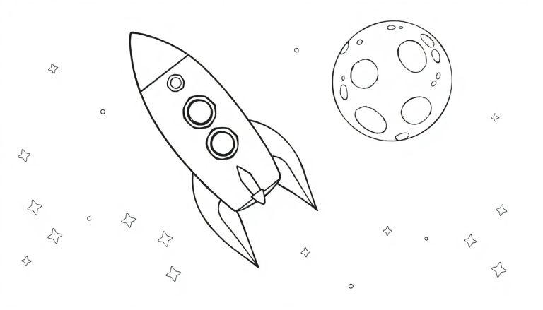 Kleurplaat van een ruimteraket die in de ruimte vliegt, met sterren en een maan op de achtergrond.