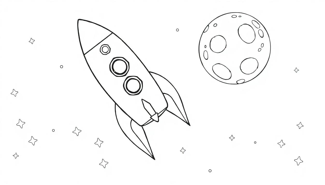 Kleurplaat van een ruimteraket die in de ruimte vliegt, met sterren en een maan op de achtergrond.
