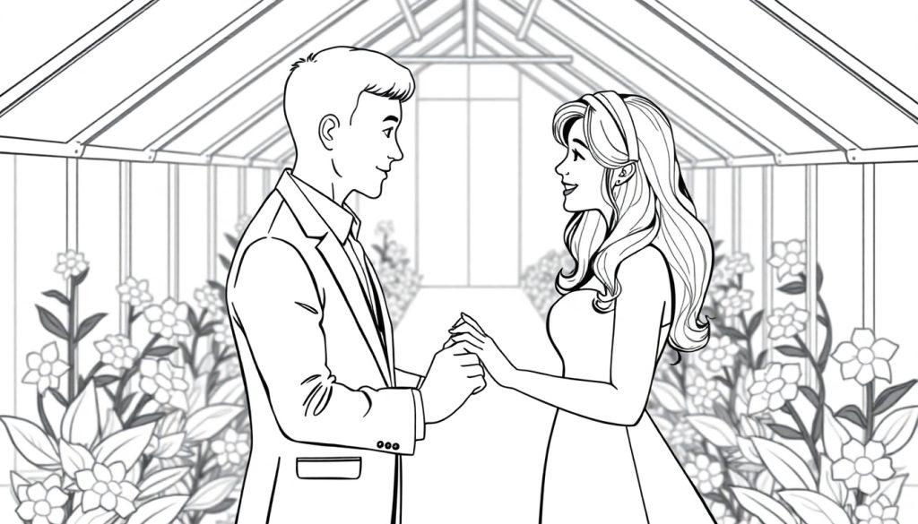 Kleurplaat van een koppel dat ringen uitwisselt in een bloemenkas.