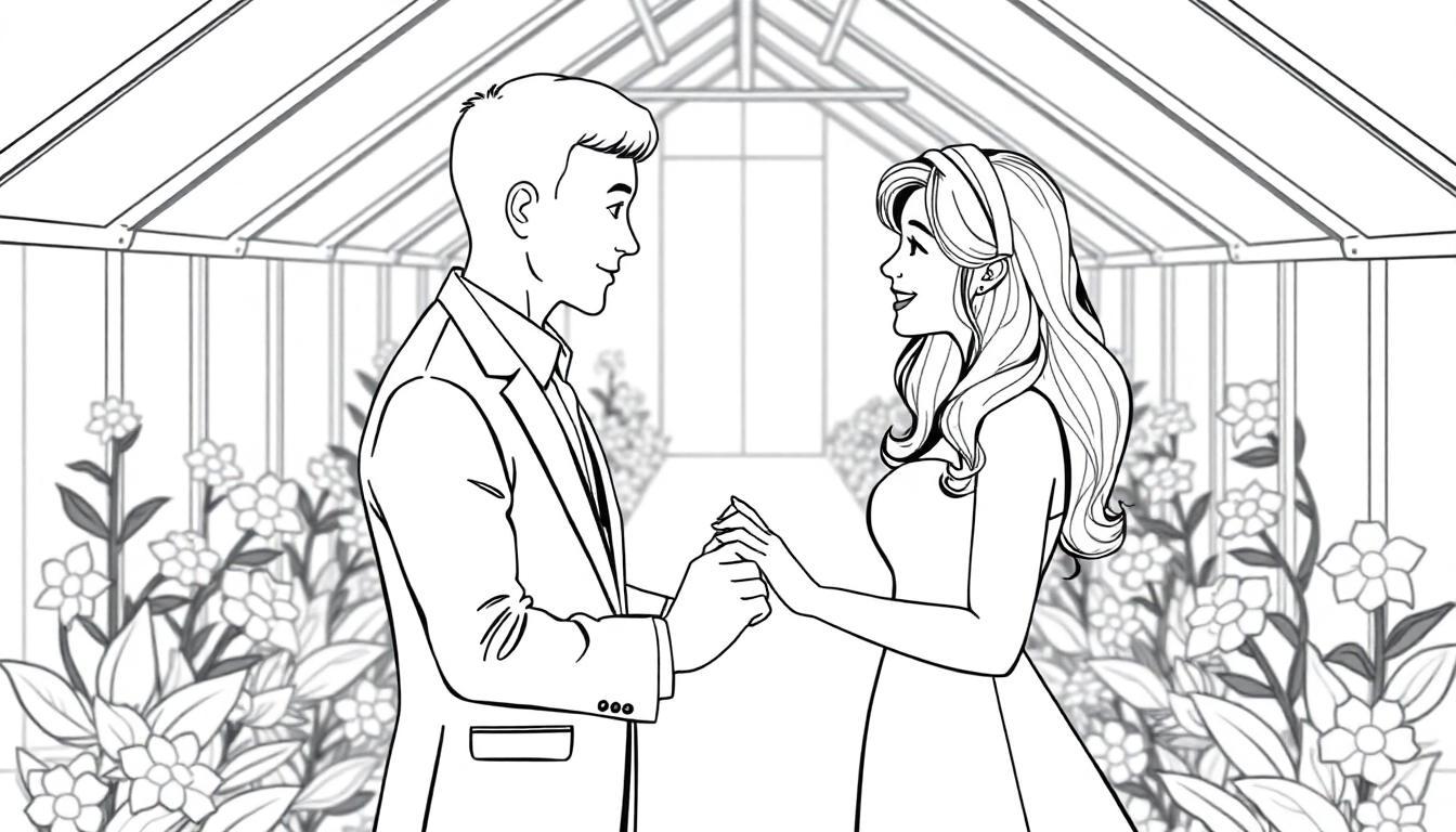 Kleurplaat van een koppel dat ringen uitwisselt in een bloemenkas.