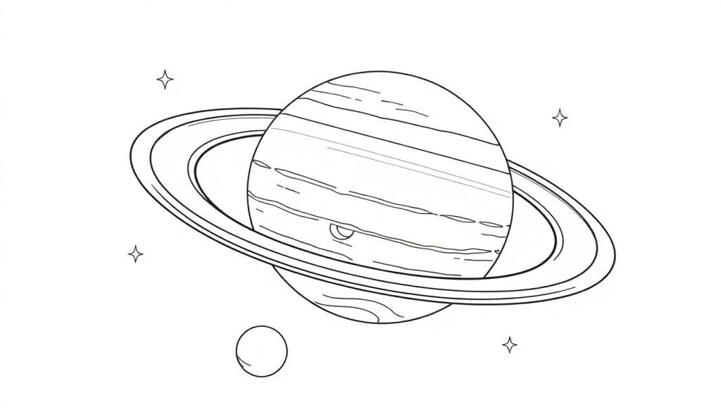 Kleurplaat van een planeet met ringen, mogelijk Saturnus, in de ruimte met sterren.