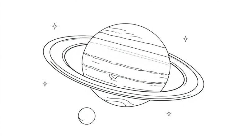 Kleurplaat van een planeet met ringen, mogelijk Saturnus, in de ruimte met sterren.