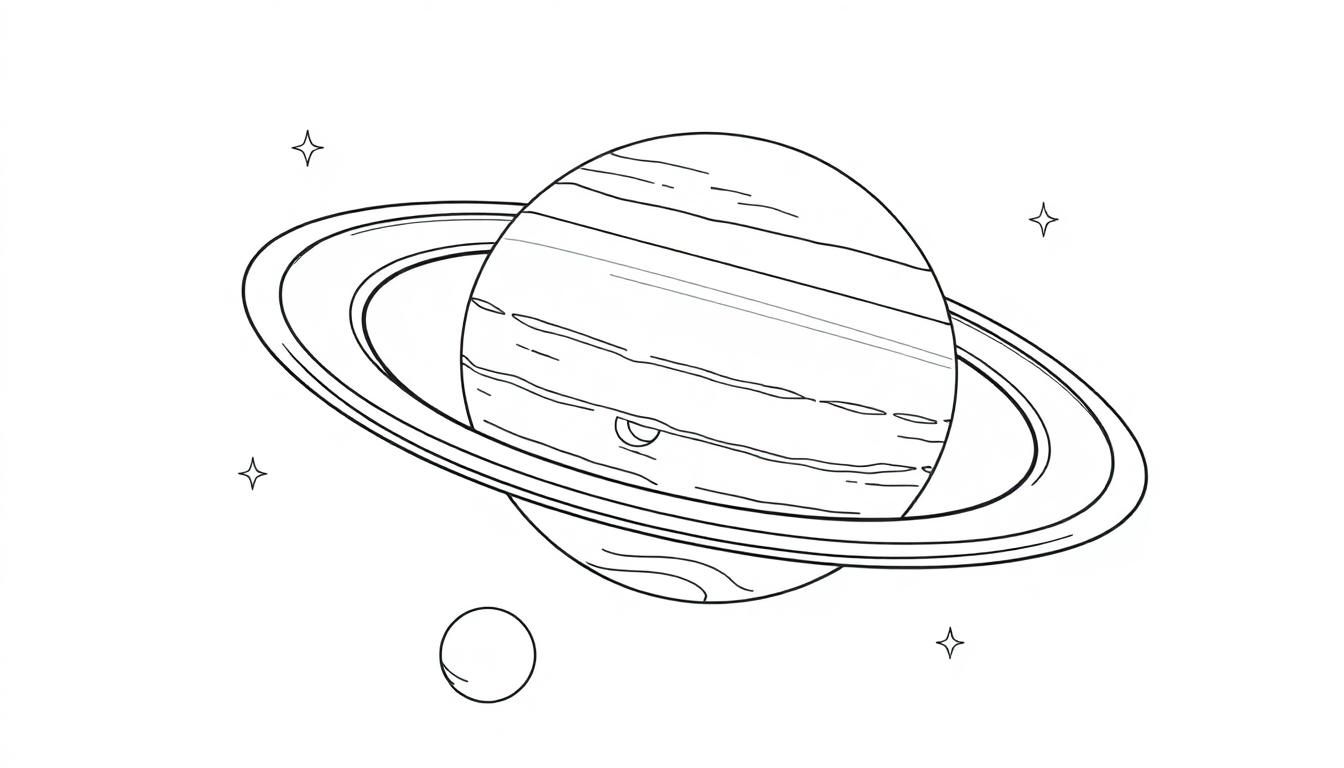 Kleurplaat van een planeet met ringen, mogelijk Saturnus, in de ruimte met sterren.