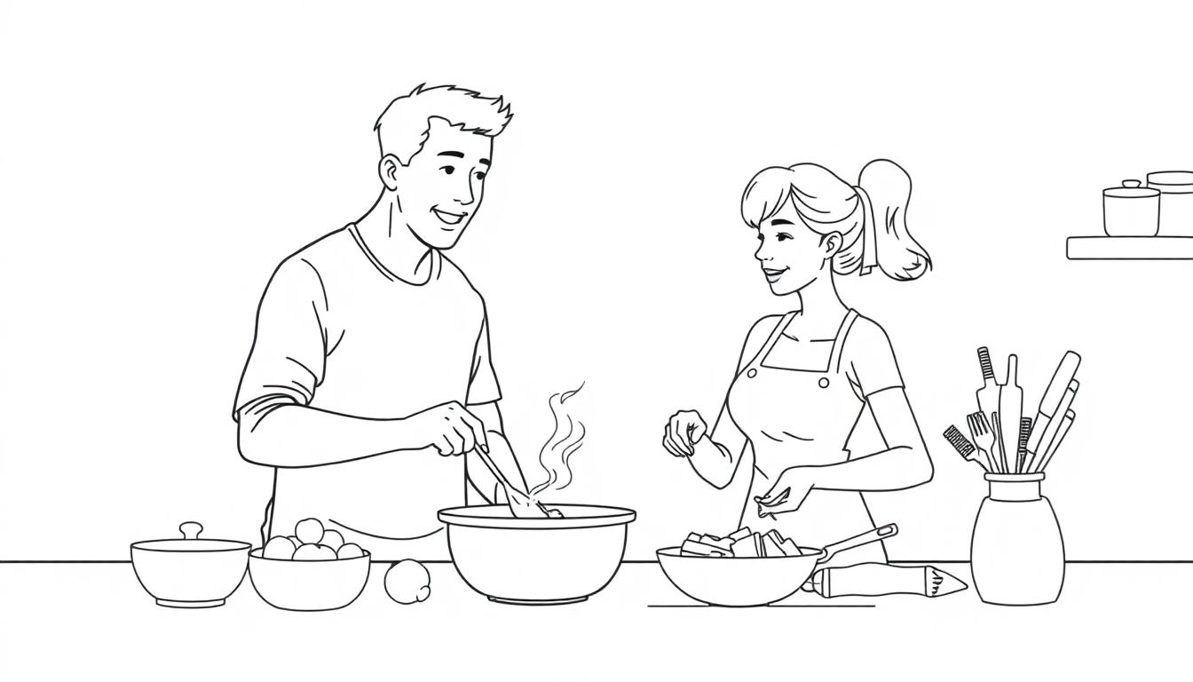 Kleurplaat van een man en vrouw die samen koken in de keuken.