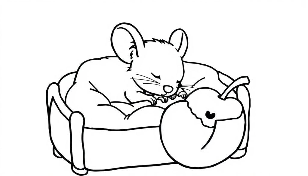 Een kleurplaat van een slapende muis met een klokhuis in een bed.