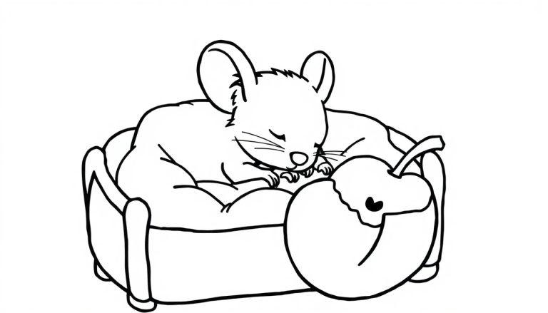 Een kleurplaat van een slapende muis met een klokhuis in een bed.