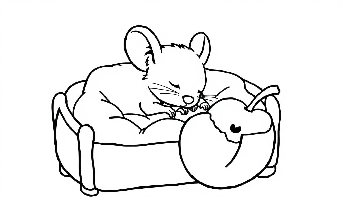 Een kleurplaat van een slapende muis met een klokhuis in een bed.