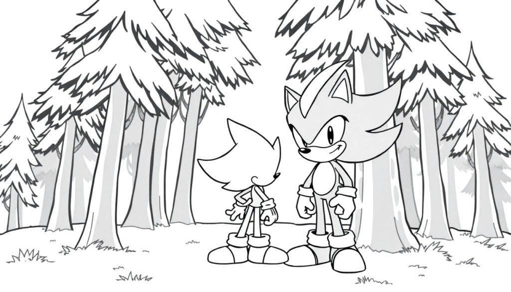 Een kleurplaat van Sonic en Shadow in een bos vol hoge bomen.