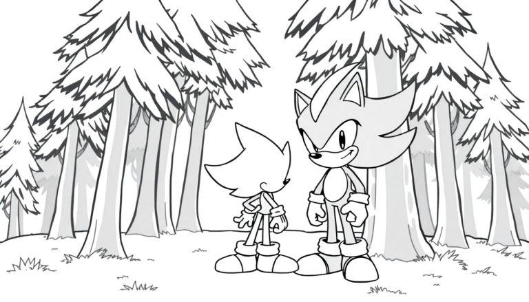 Een kleurplaat van Sonic en Shadow in een bos vol hoge bomen.