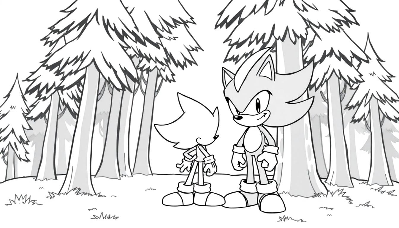 Een kleurplaat van Sonic en Shadow in een bos vol hoge bomen.
