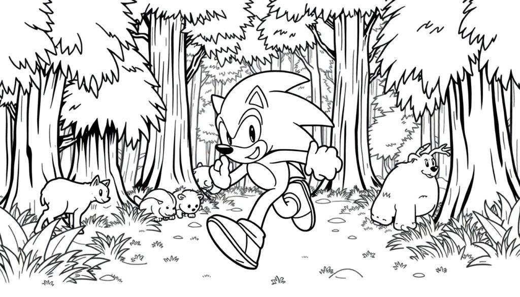Kleurplaat van Sonic die door een bos rent met dieren om zich heen.
