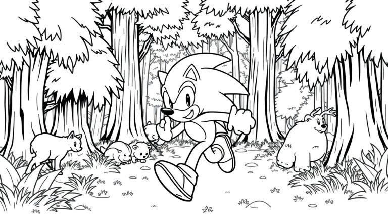Kleurplaat van Sonic die door een bos rent met dieren om zich heen.