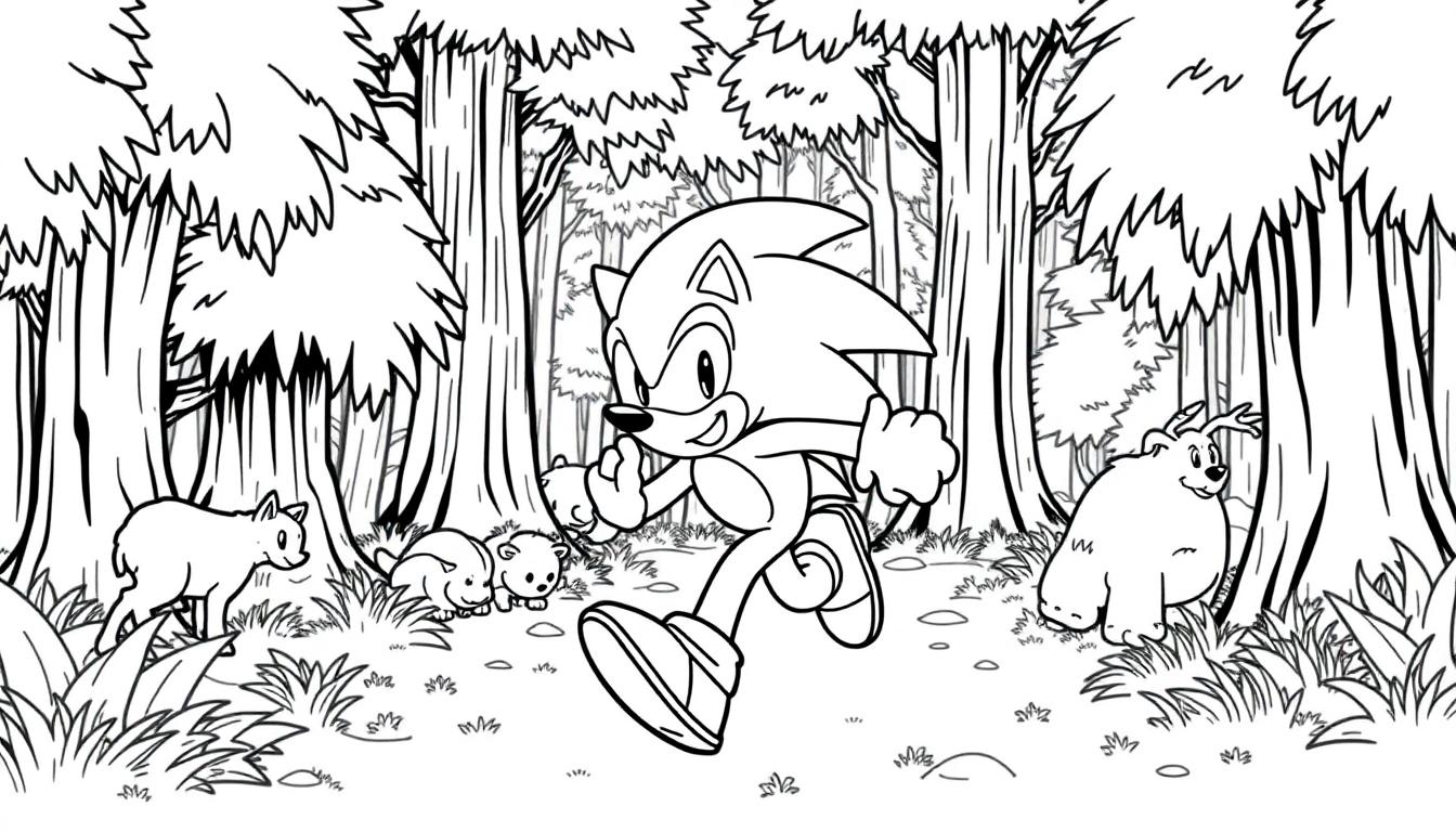 Kleurplaat van Sonic die door een bos rent met dieren om zich heen.
