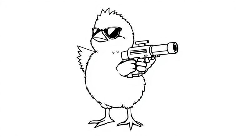 Kleurplaat van een stoer kuiken met een bril en een minigun.