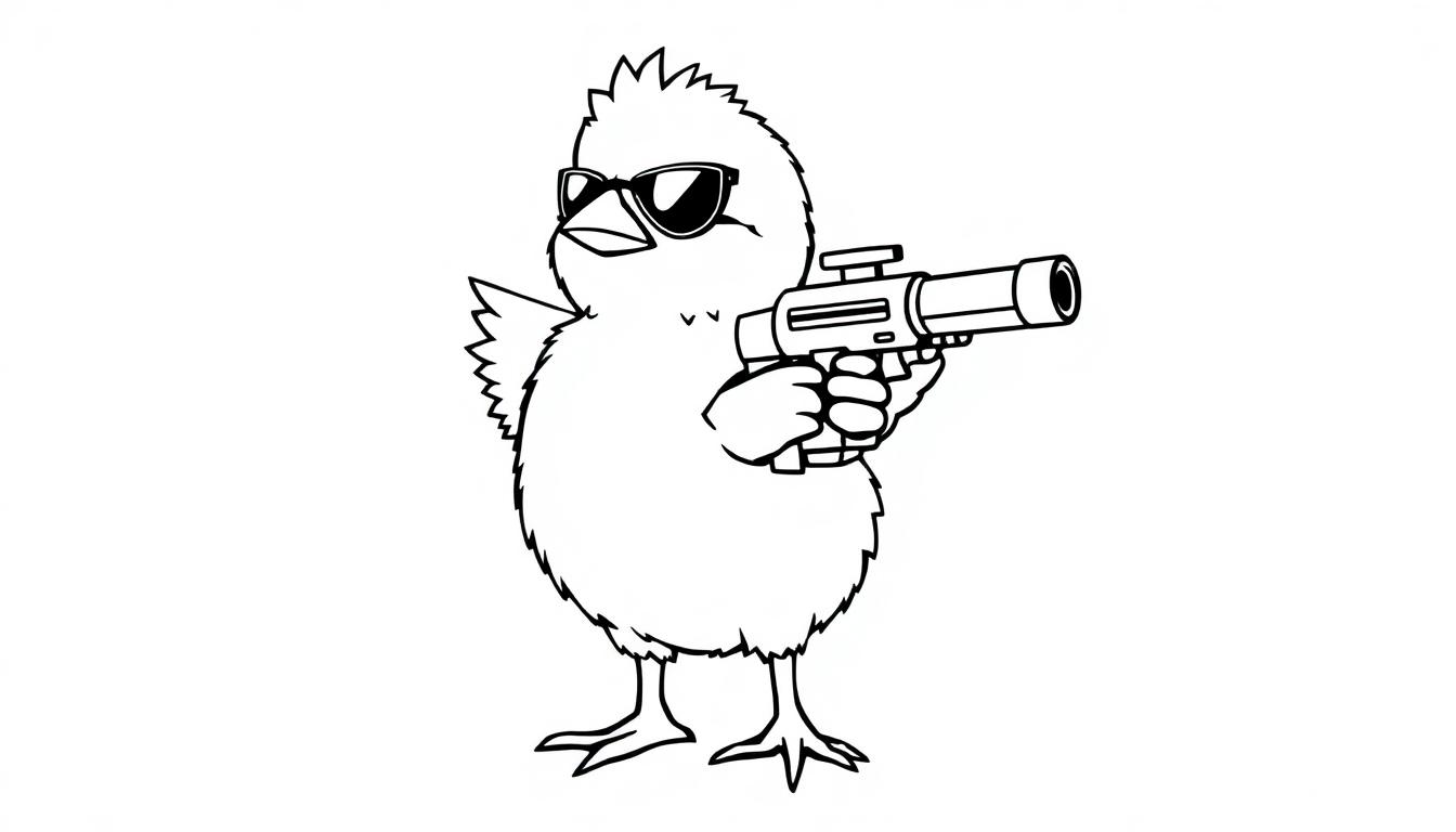 Kleurplaat van een stoer kuiken met een bril en een minigun.