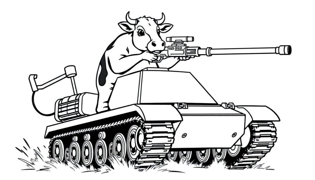 Kleurplaat van een stoere koe op een tank met een groot wapen